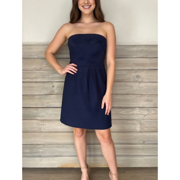 J.Crew Dresses & Skirts - J.Crew Navy Blue Silk Cotton Ribbed Strapless‎ Cocktail Dress Size 4